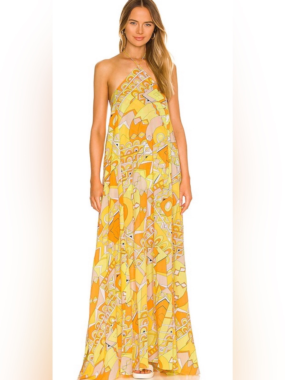 Sunlit Geometric Halter Maxi Dress in Yellow